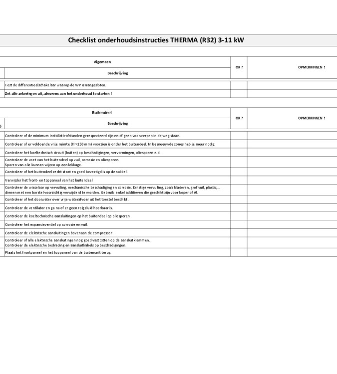 SI_Checklist onderhoudsinstructies THERMA (R32) 3-11 kW